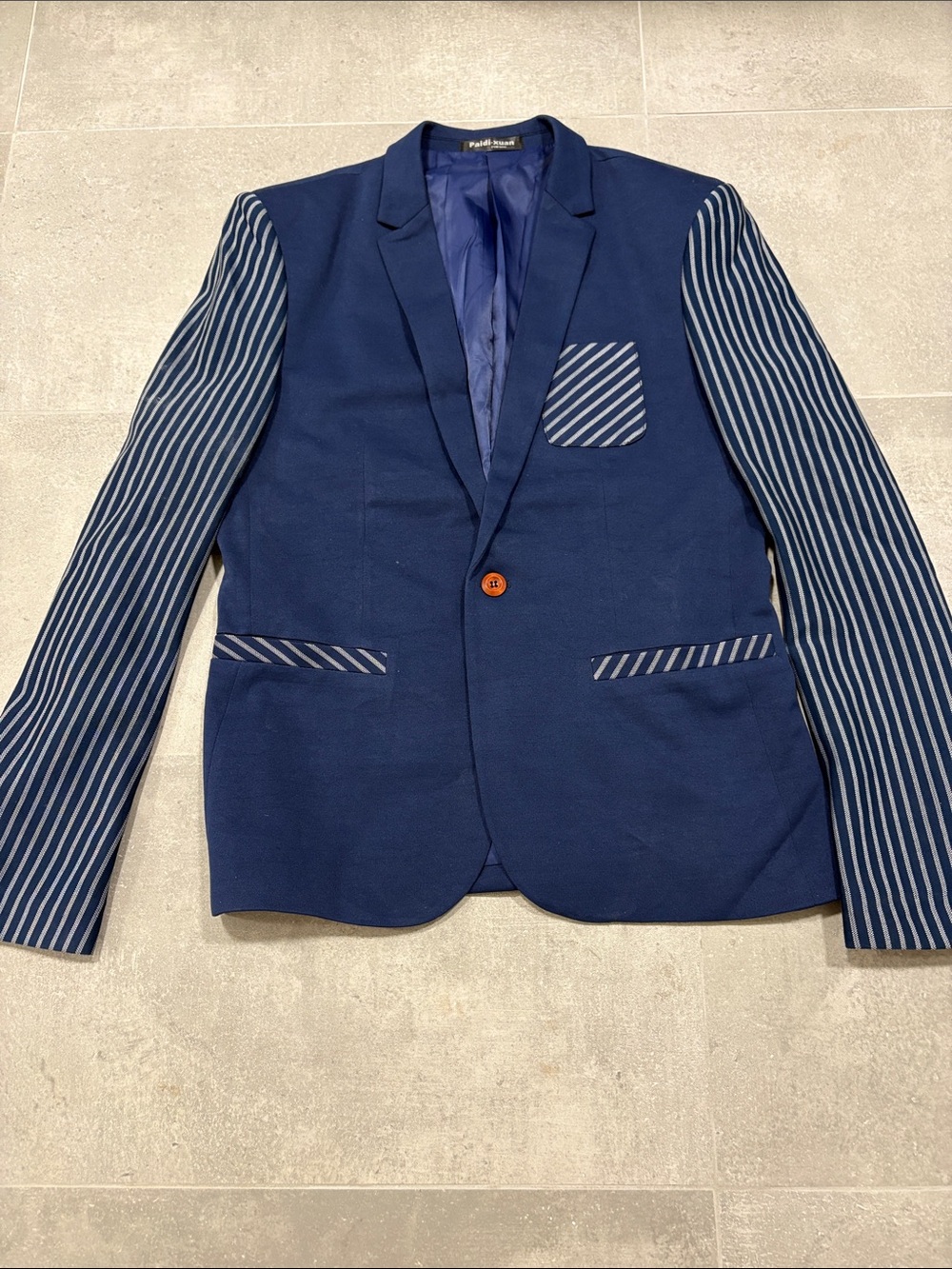 Men's Navy Blazer with Striped Sleeve and Pocket Accents